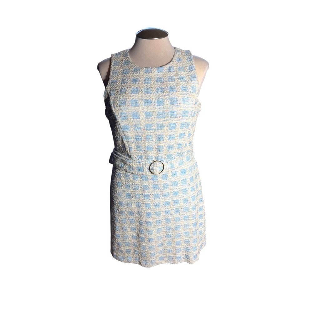 Taylor Blue White Tweed Bouclé Belted Sheath Dress Size 16 Sleeveless Mini